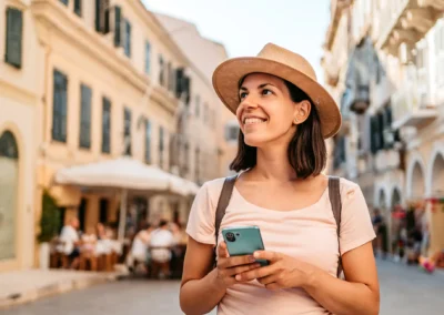 Ung kvinne på reise i europeisk storby